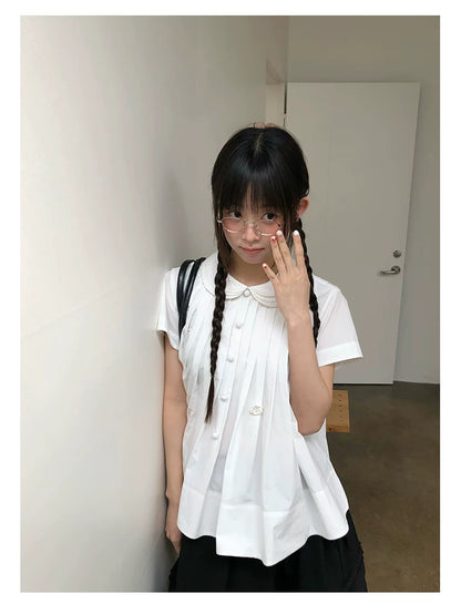 "Hyacinth Letter" White Cotton Peter Pan Collar Pleated Blouse