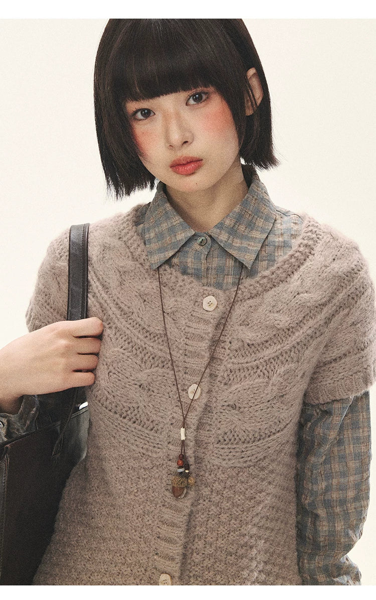 "Rice Knit" Wool-Blend Short Sleeve Knit Cardigan (Moss Coffee Green/ Dusk Dusty Pink)
