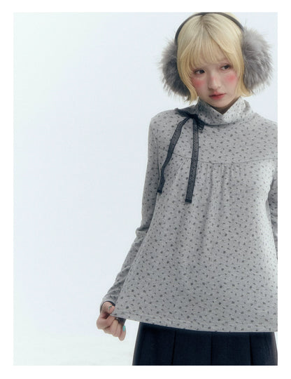 Floral Bow Lace-Tie Knit Top (Gray Floral / Light Khaki Beige)