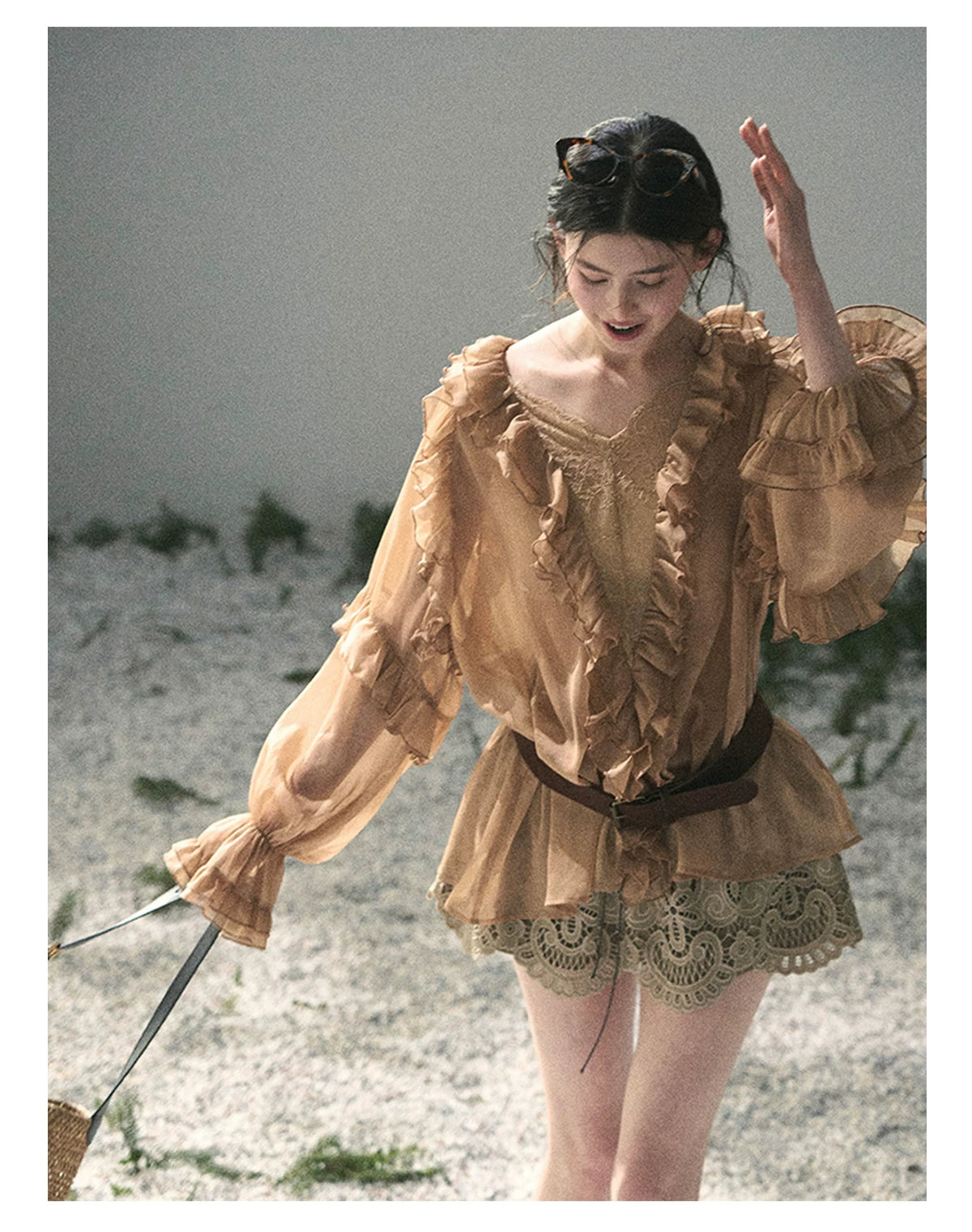 “Whispers of the Wind” Ash Caramel Lace Chiffon Blouse (With Belt)