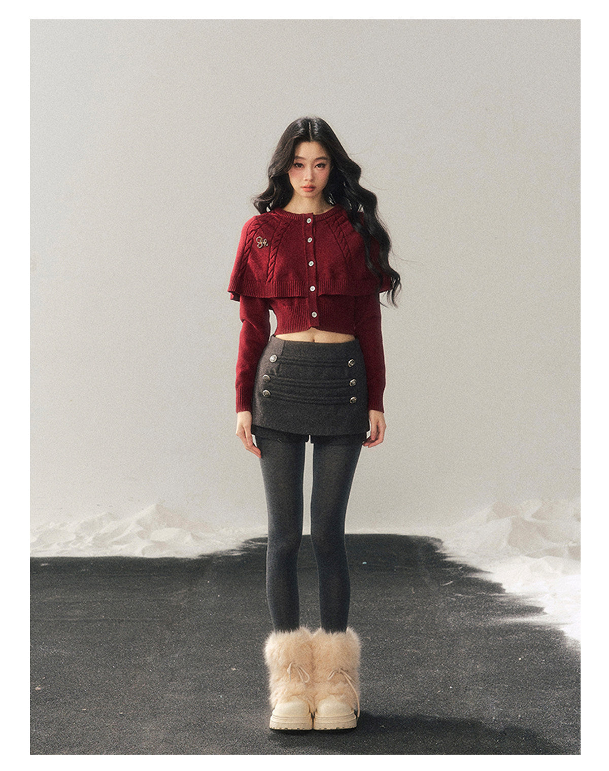 少也眼 "Miss Daisy" American Cable Knit Cape Sweater in Falu Red