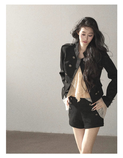 AOMALM - Black Napoleon-Style Jacket & Shorts Set with Milk Tea Top