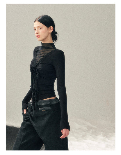 少也眼 “Vanishing Curve” Sheer Lace Turtleneck Base Top - Black