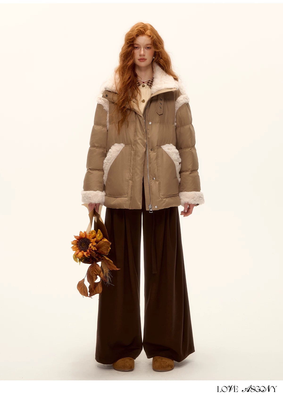 ASGONY - Pleated Wide-Leg Trousers with Detachable Tie (Gray / Brown)