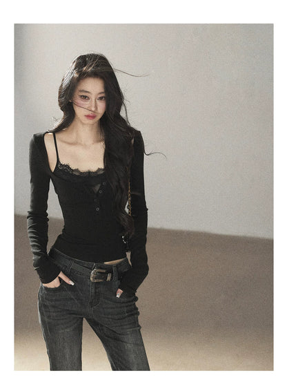 AOMALM - "Dappled Tree Shadows" Serene Black Korean Lace Camisole Long-Sleeve Top Set