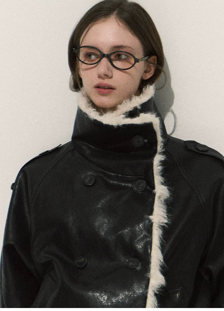 OAKMOO/ Cropped Faux Leather Shearling-Collar Jacket (Rich Black / Hazelnut Khaki)