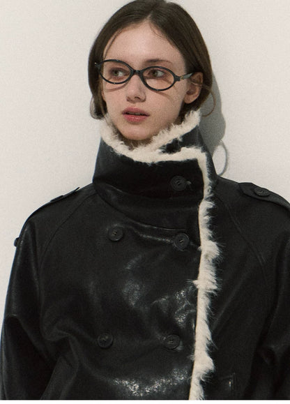 OAKMOO/ Cropped Faux Leather Shearling-Collar Jacket (Rich Black / Hazelnut Khaki)