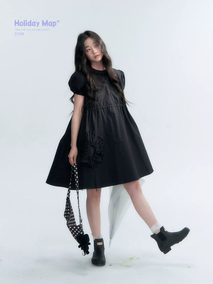 "Puff Doll Dress" Ruffle Trim Puff Sleeve Cotton A-Line Dress (White/ Black)