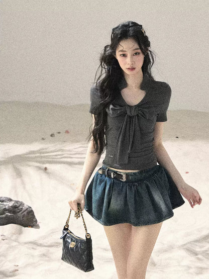 "Breeze Through the Bow" Slate Gray V-Neck Crop Top