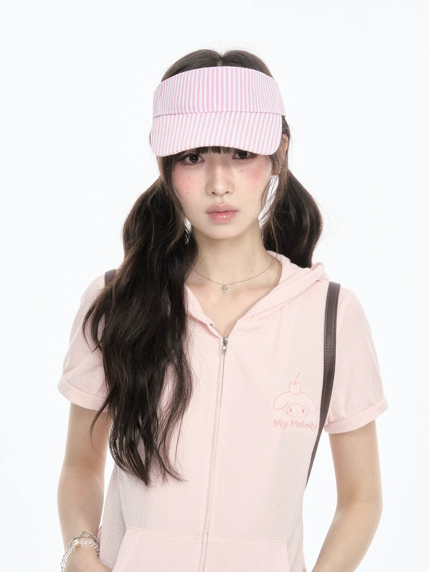 "Strawberry Daydream" Pink Hooded Zip-Up & Brown Skirt Set