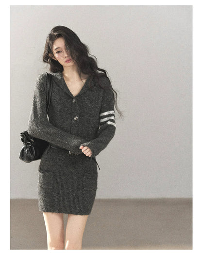 AOMALM - Whale Gray Hooded Faux-Two-Piece Knit Dress with Belt