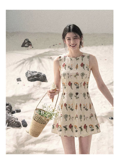 "Wildflower Daydream" Dutch Cream Embroidered Mini Dress - Sleeveless 45684