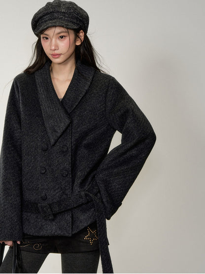 Soote Season - “Retro Twill Grace” Asymmetrical Faux Fur Collar Double-Breasted Wool Coat