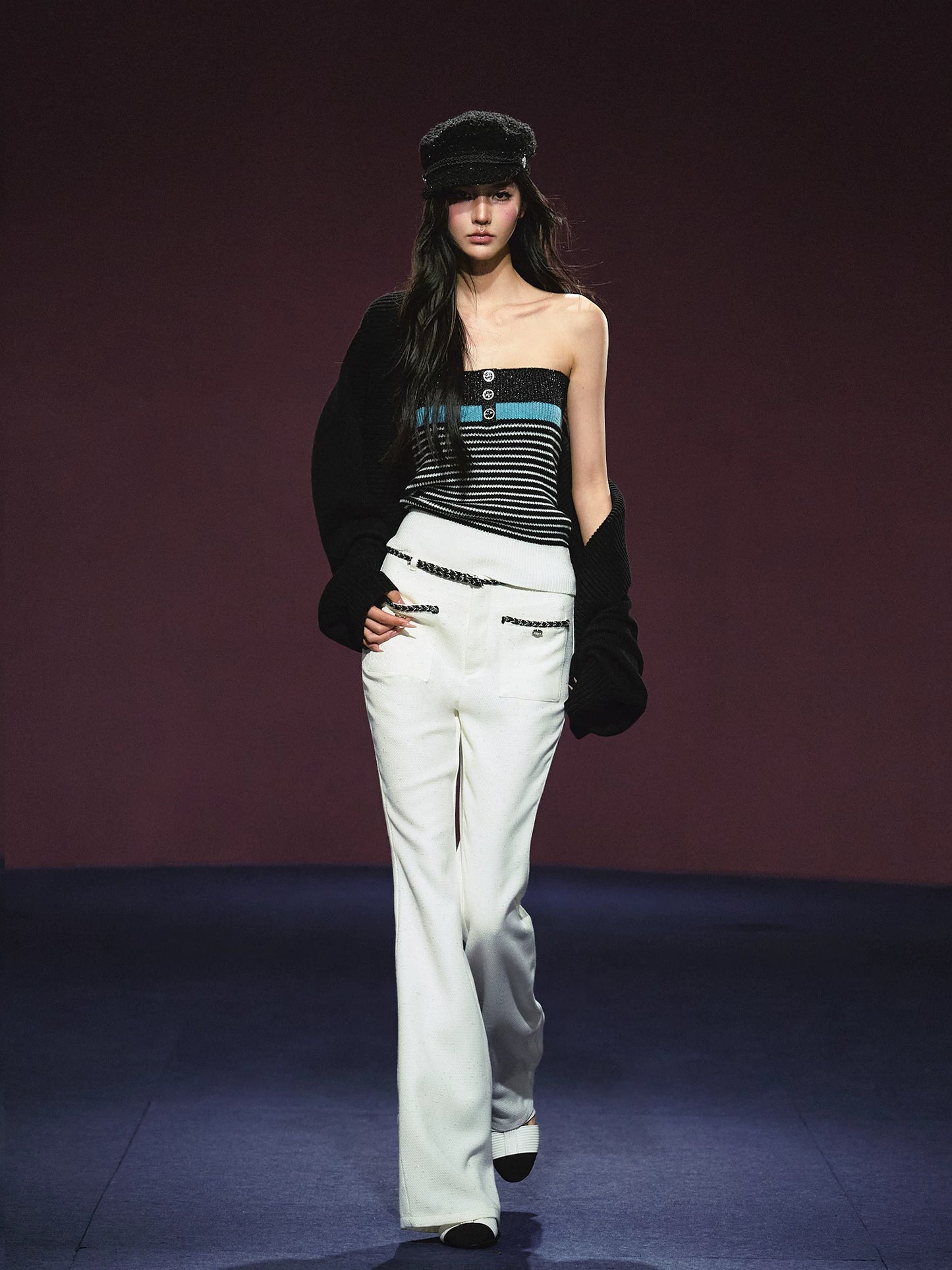 Ivory Contrast Belt Shimmer Knit Flared Pants