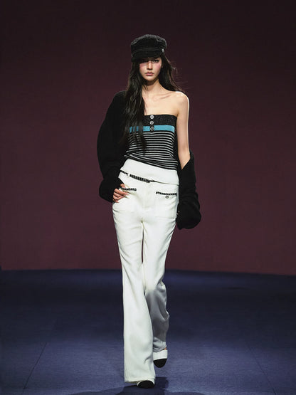 Ivory Contrast Belt Shimmer Knit Flared Pants