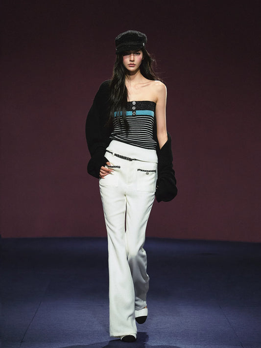 Ivory Contrast Belt Shimmer Knit Flared Pants