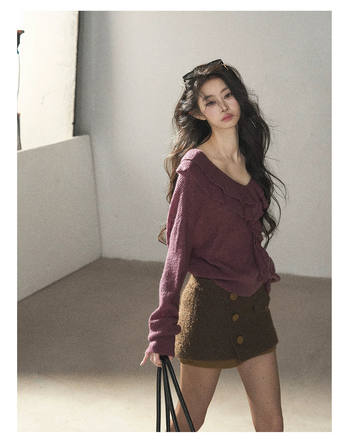 AOMALM - "A Softer Breath" Midnight Purple Ruffle V-Neck Sweater