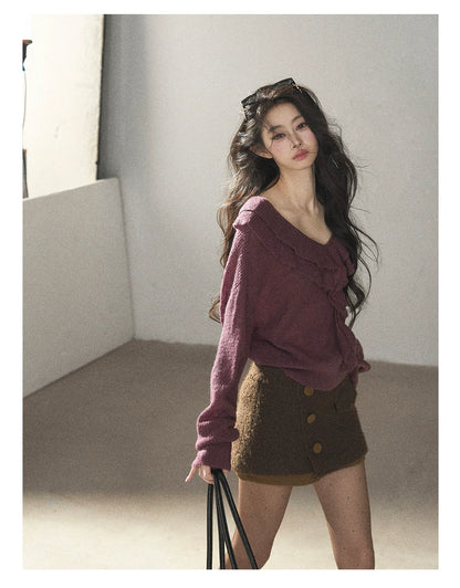 AOMALM - "A Softer Breath" Midnight Purple Ruffle V-Neck Sweater