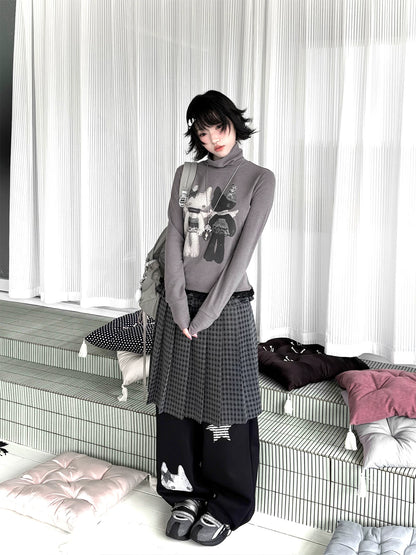 "Forgotten Corner" Mock Neck Gray Base Layer Top & Black Gray Plaid Skirt Set
