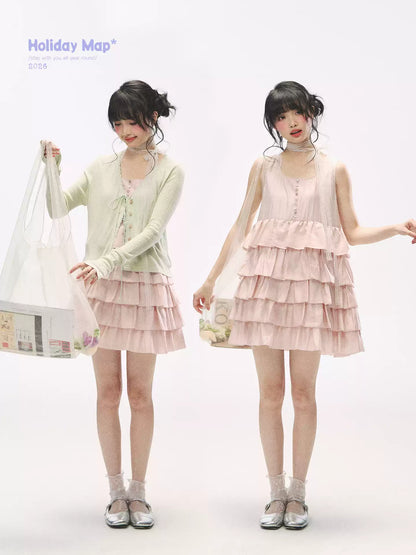 "Misty Pink Reverie" Petal Pink Lace Tie Tiered Sleeveless Dress