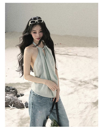 "Flowing Silk Reverie" Light Bean Green Halter Backless Top 536845