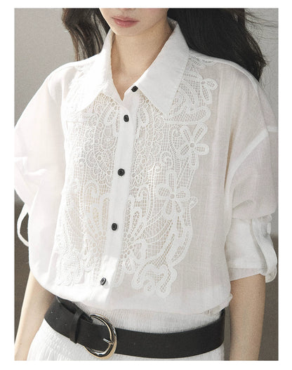 AOMALM - “Her Hemline” White Lace Shirt Dress with Belt
