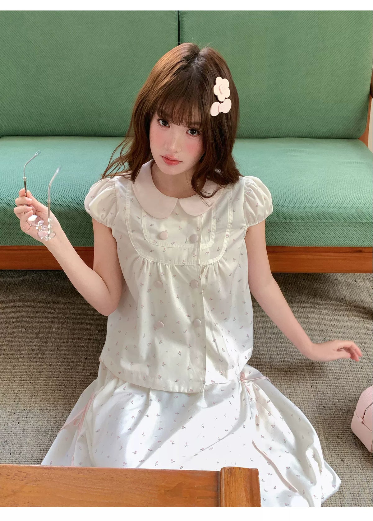 [RF] “White Peach Milk Foam” Pink & White Floral Polka Dot Two-Piece Set