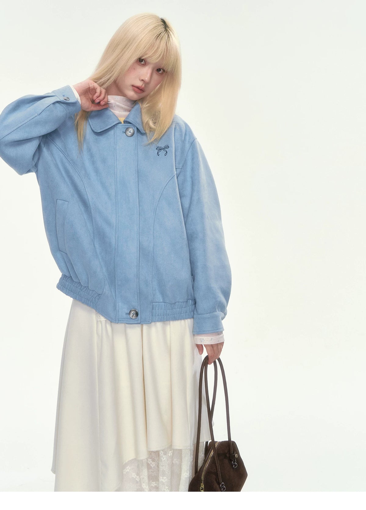 [CAN] Dusty Blue Suede Bow Embroidery Jacket