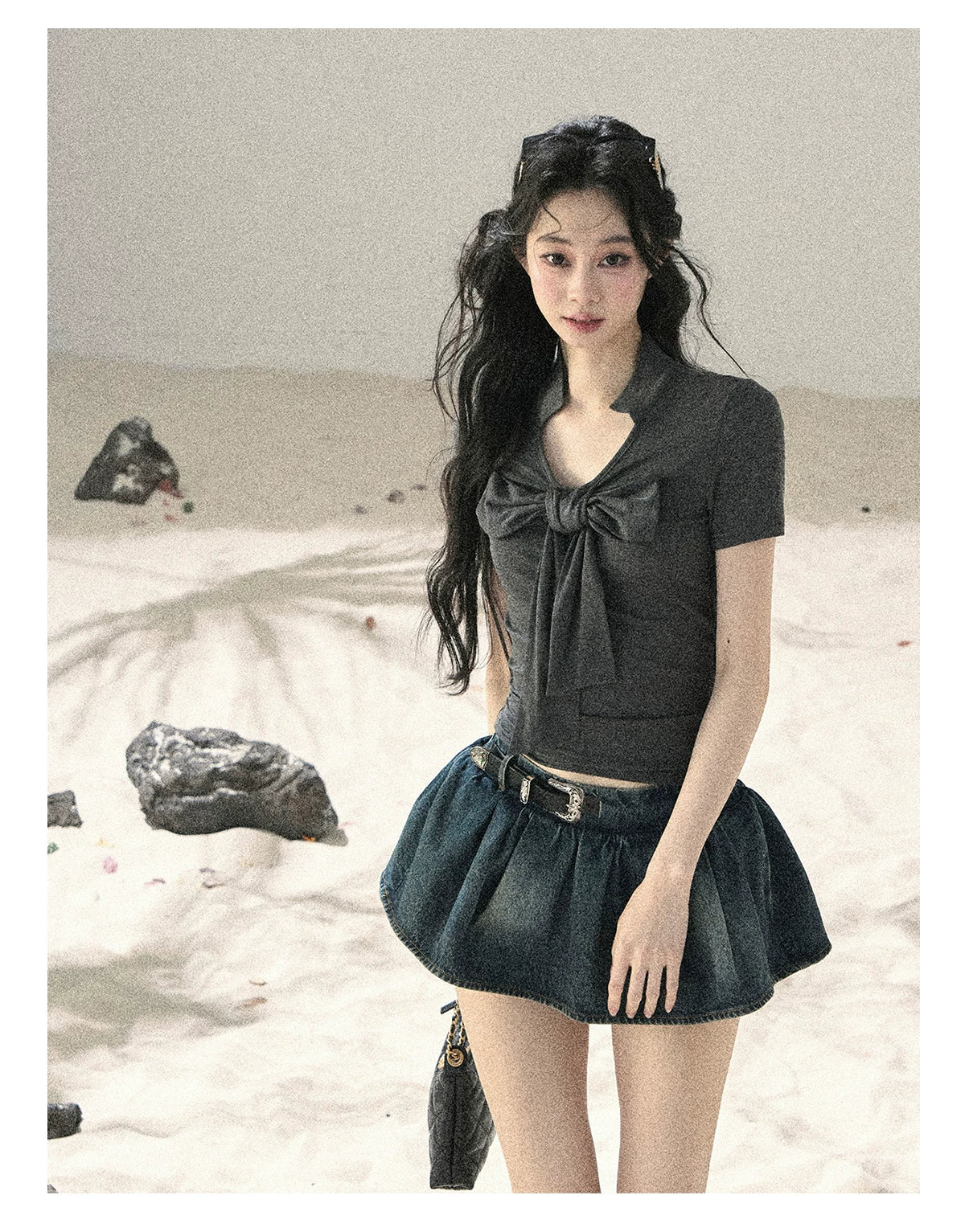"Breeze Through the Bow" Slate Gray V-Neck Crop Top