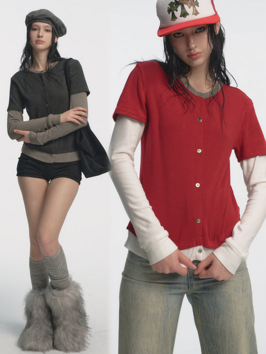 Muirgen - Christmas Contrast Faux Layer Stretch Top