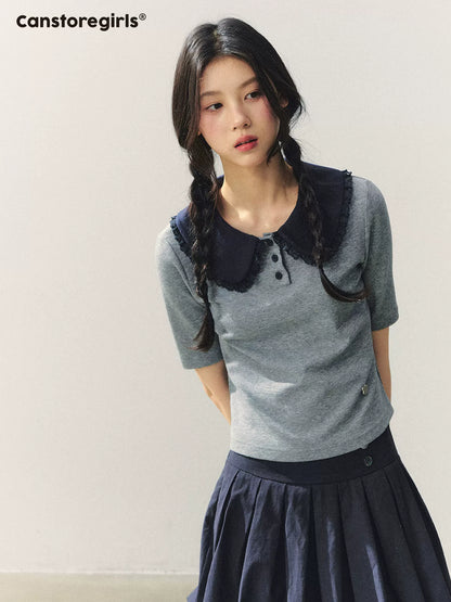 "Blue Collar Diary" Contrast Doll Collar Knit Tee YL2026054