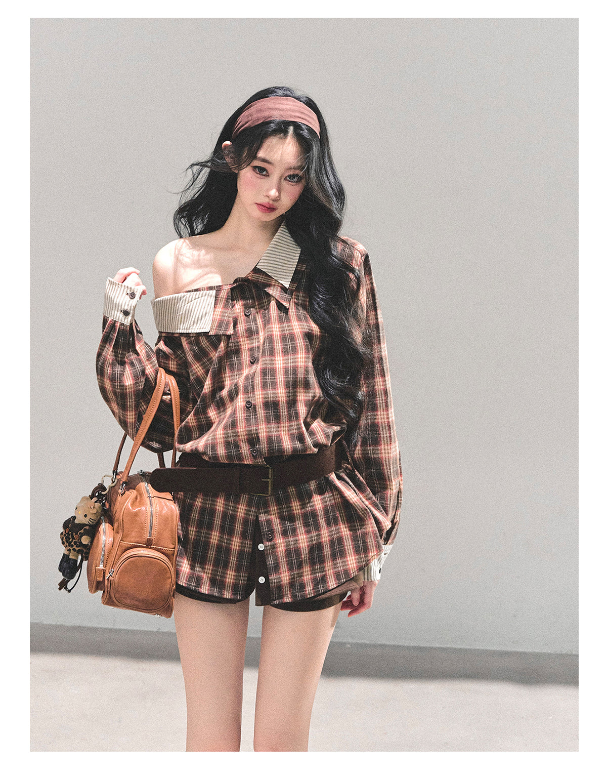 少也眼 “The Street She Passed” Off-Shoulder Plaid Shirt with Belt - Mocha Brown 45368364
