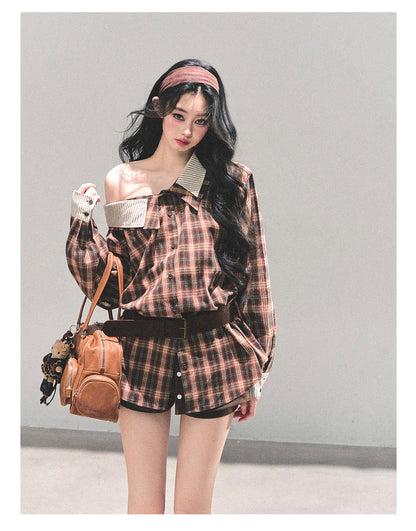 少也眼 “The Street She Passed” Off-Shoulder Plaid Shirt with Belt - Mocha Brown 45368364