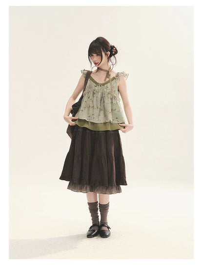 "Enchanted Forest" Moss Green Floral Lace Ruffle Cami Top