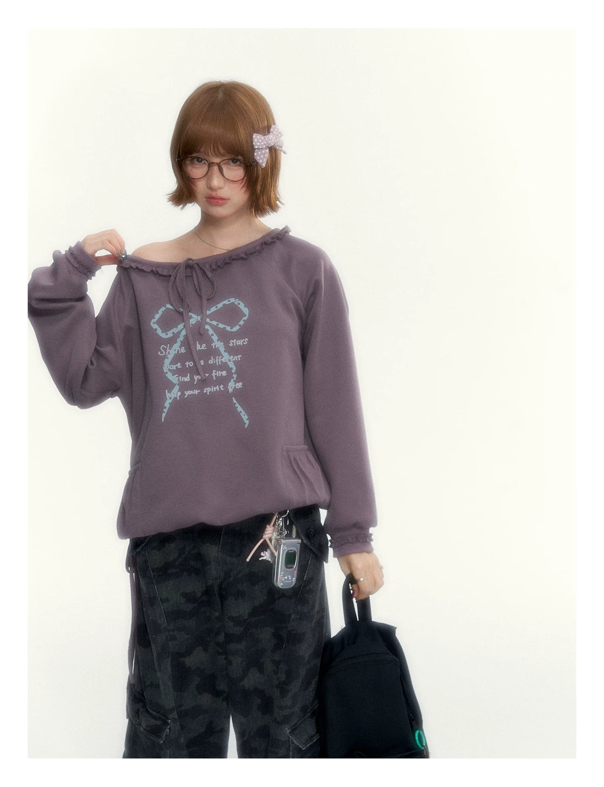 Deep Purple Bow-Tie Lettuce-Trim Off-Shoulder Sweatshirt