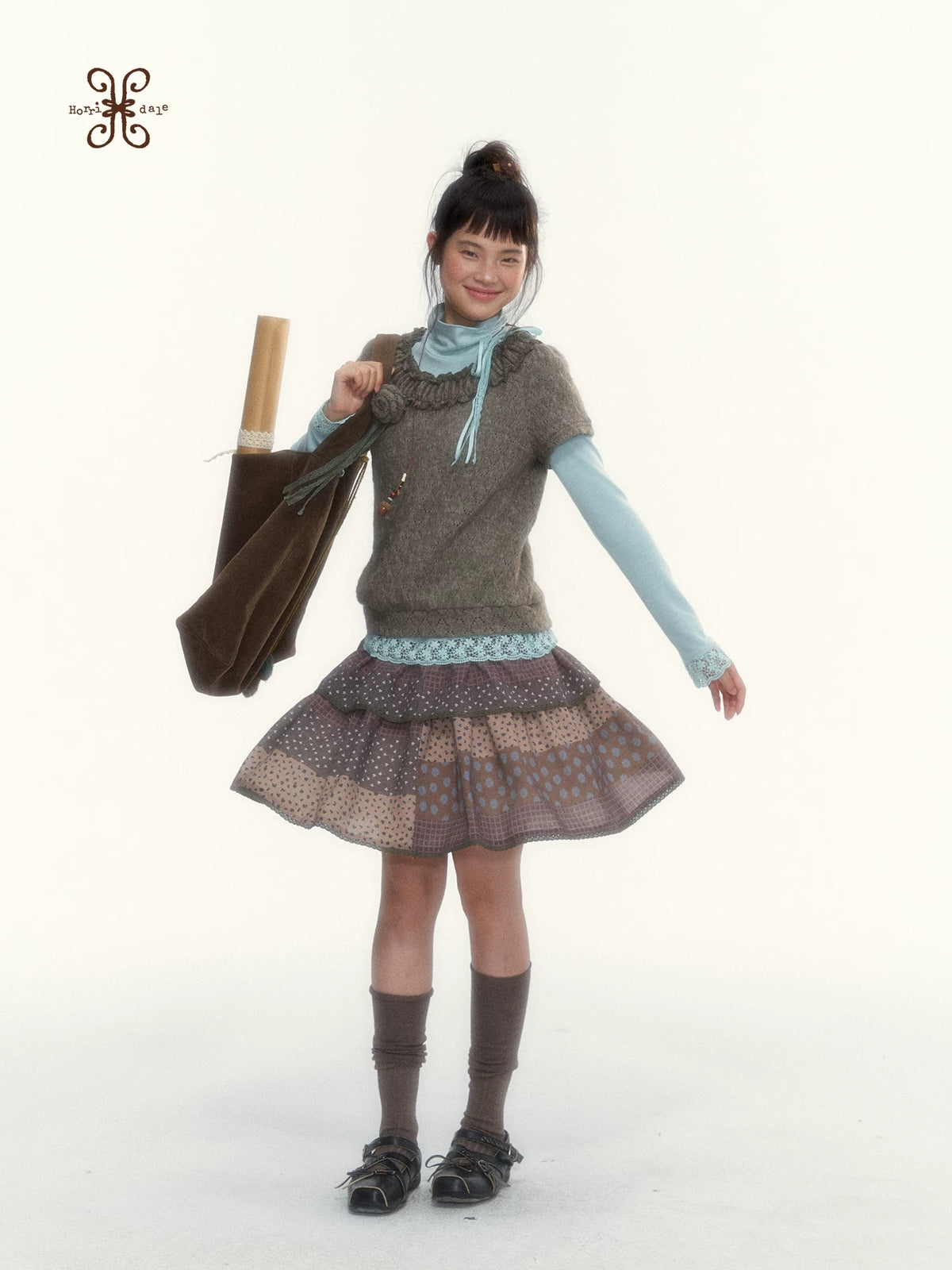 “Caramel Patchwork” Brown Patchwork Floral Plaid Lace A-Line Tiered Skirt