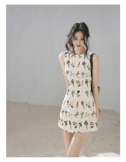 "Wildflower Daydream" Dutch Cream Embroidered Mini Dress - Sleeveless 45684