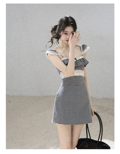 "Her in the Old Film" French Lace Plaid A-Line Mini Dress