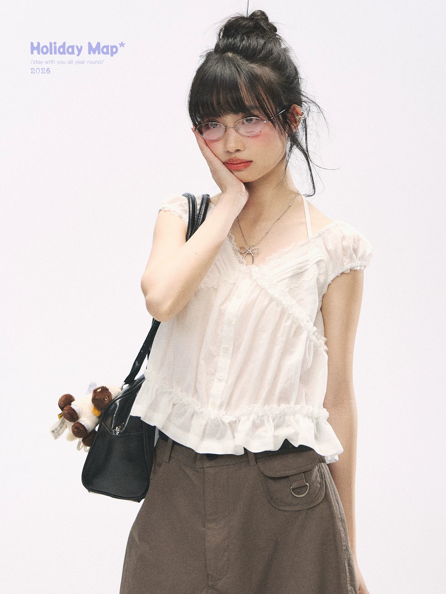 "French Meadow Romance" Ivory Lace Trim Halter Tie V-Neck Cotton Blouse