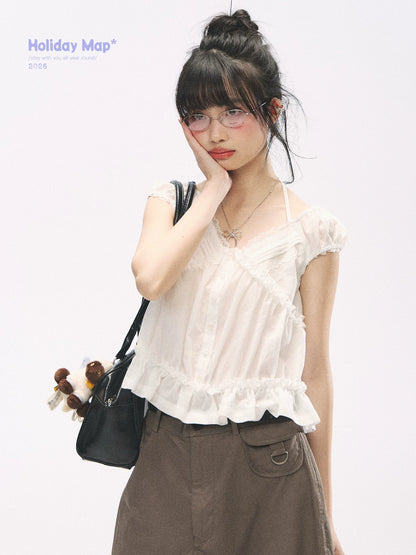 "French Meadow Romance" Ivory Lace Trim Halter Tie V-Neck Cotton Blouse