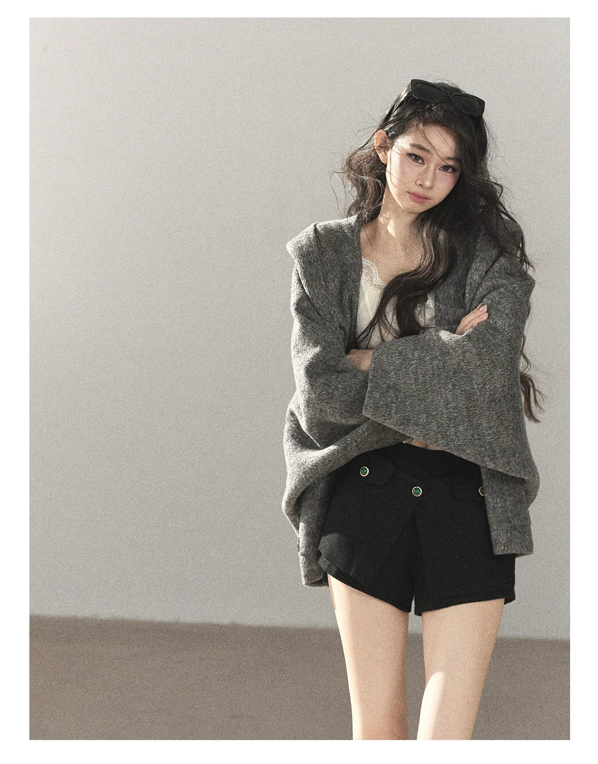 AOMALM - Dark Heather Gray Hooded Wool-Blend Jacket (With Inner Bra)
