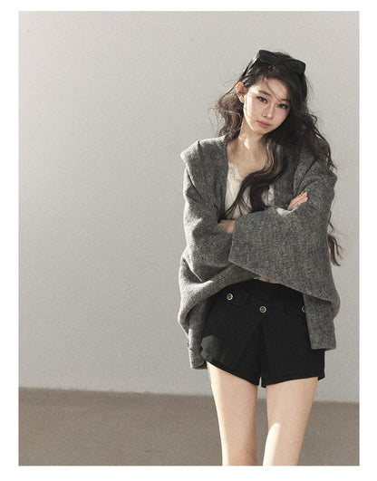 AOMALM - Dark Heather Gray Hooded Wool-Blend Jacket (With Inner Bra)