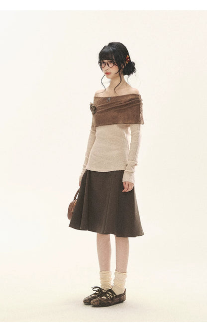 "Vintage Contrast" Brown Apricot Off-Shoulder Floral Knit Top