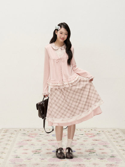 [RF] Vintage-Inspired Gingham Check Two-Piece Set with V-Neck Top and Pleated Skirt