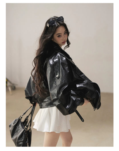 AOMALM - "Solo Journey" Quiet Black Oversized PU Moto Jacket