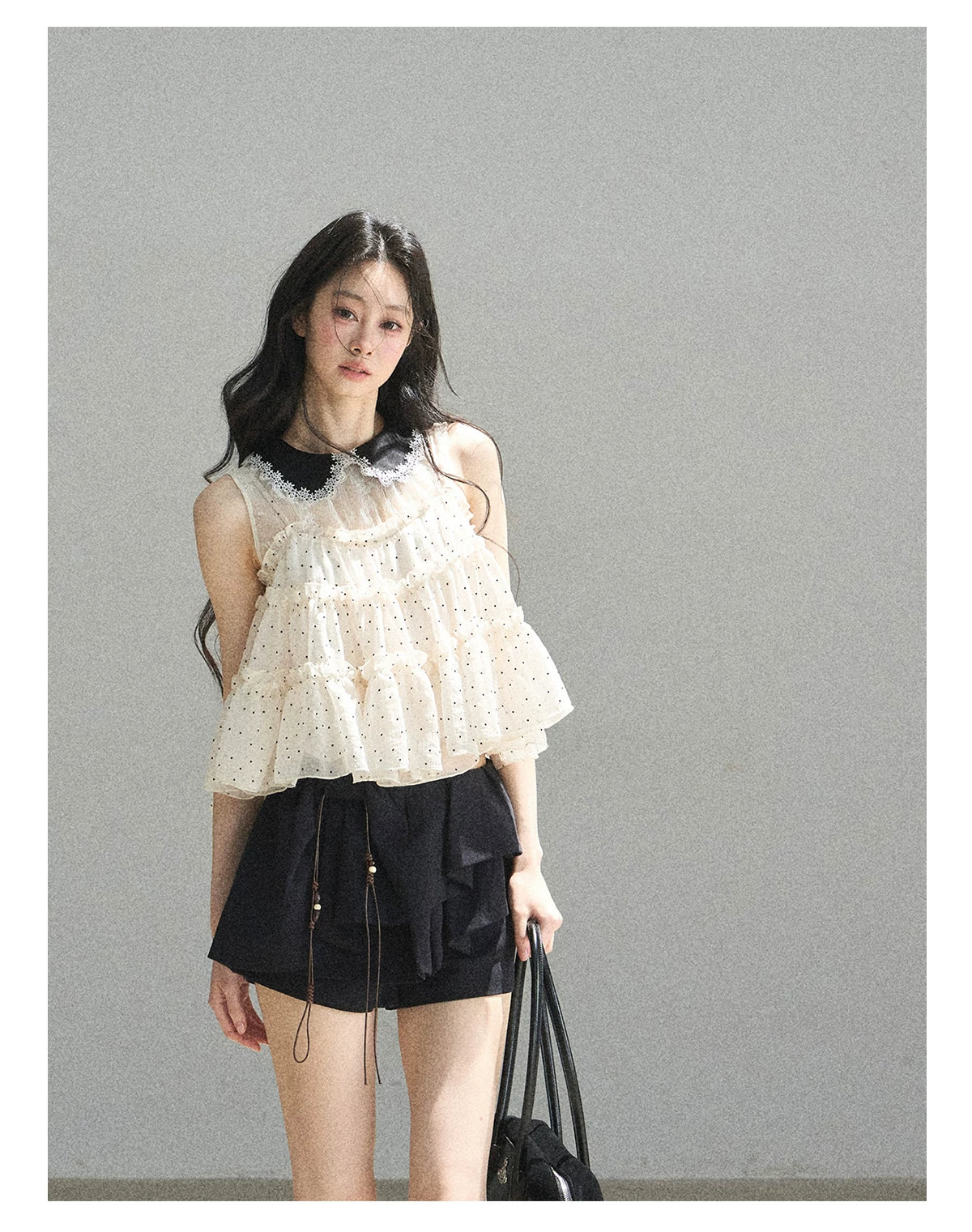 "A Dream Like Foam" French Polka Dot Chiffon Babydoll Blouse