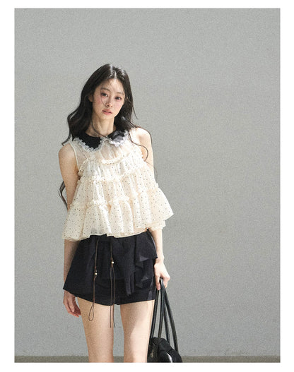 "A Dream Like Foam" French Polka Dot Chiffon Babydoll Blouse