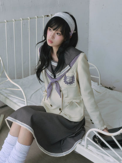 "Showa Era" Layered Uniform Collection (Collarless Blazer / Sailor Blouse / Uniform Skirt / Polka Dot Scarf)