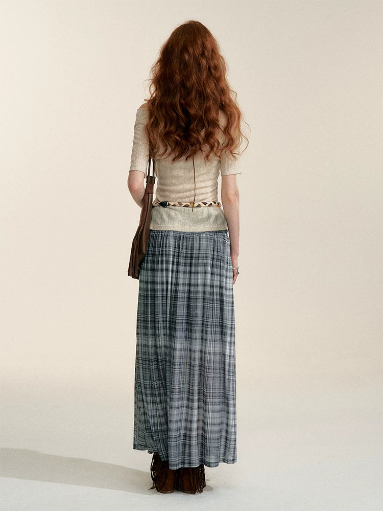 Gray Contrast Plaid A-Line Maxi Skirt
