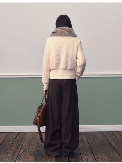 Soote Season - Cream White Wool-Blend Cropped Down Jacket with Faux Fur Doll Collar
